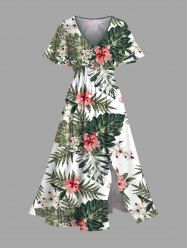 Plus Size Hibiscus Flower Tropical Leaf Print Split Hawaii Midi Dress -  