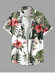 Plus Size Hibiscus Flower Tropical Leaf Print Buttons Pocket Hawaii Shirt For Men -  