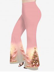 Pantalon évasé imprimé sapin de Noël, boules, étoiles et nœud papillon, grande taille - Rose clair 2X
