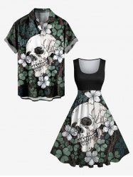 Ensemble de plage hawaïen assorti grande taille à imprimé fleurs et crânes pour couples - Noir 