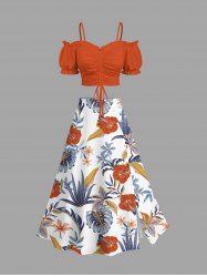 Hibiscus Flowers Tropical Leaf Print Plus Size Hawaii Matching Set -  