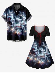 Christmas Elk Santa Claus Glitter Galaxy Print Plus Size Matching Outfit For Couples -  