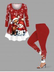 Christmas Tree Snowflake Elk Snowman Print Long Sleeves Women T-shirt and Leggings Plus Size Matching Set -  