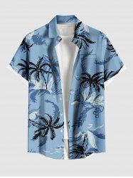 Chemise hawaïenne à poches boutonnées, imprimé vagues et cocotiers, grandes tailles pour hommes - Bleu Ciel S