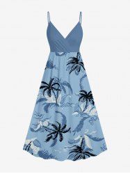 Robe à bretelles croisée trapèze imprimée de cocotiers et de vagues, grande taille, style hawaïen - Bleu Ciel 6X