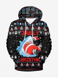 Plus Size Christmas Tree Snowflake Santa Claus Shark Print Pullover Long Sleeves Hoodie For Men -  