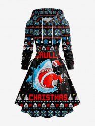 Plus Size Christmas Tree Snowflake Santa Claus Shark Print Lace Up A Line Hooded Dress -  