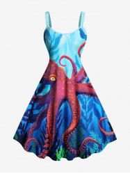 Plus Size Octopus Plant Ombre Seabed Print Hawaii A Line Dress -  