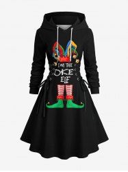 Plus Size Christmas Clown Elf Print Lace Up A Line Hooded Dress -  