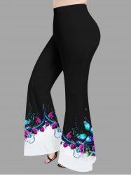 Pantalon évasé grande taille à imprimé roses et papillons - Noir 5X