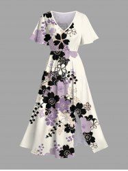 Robe midi hawaïenne fendue à imprimé floral et feuilles grande taille - Abricot L
