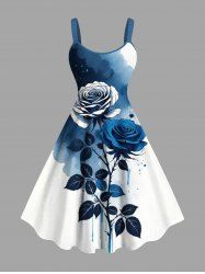 Plus Size Rose Flower Leaf Watercolor Print Tank Dress -  