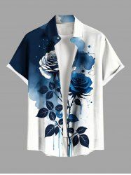 Chemise grande taille homme à imprimé aquarelle rose et feuilles, boutons et poche - Bleu 6XL
