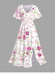Robe mi-longue hawaïenne fendue à imprimé rose et feuilles grande taille - Blanc L