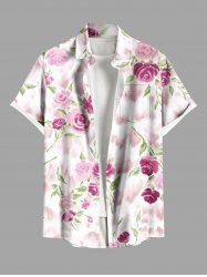 Plus Size Rose Flower Leaf Print Buttons Pocket Hawaii Shirt For Men -  