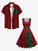 Plus Size Christmas Tree Bowknot Two Tone Print Vintage Swing A Line Dress -  