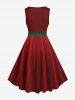 Plus Size Christmas Tree Bowknot Two Tone Print Vintage Swing A Line Dress -  