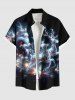 Plus Size Christmas Elk Santa Claus Glitter Galaxy Print Buttons Pocket Shirt For Men -  