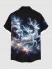 Plus Size Christmas Elk Santa Claus Glitter Galaxy Print Buttons Pocket Shirt For Men -  