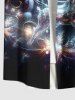 Plus Size Christmas Elk Santa Claus Glitter Galaxy Print Buttons Pocket Shirt For Men -  