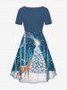 Robe cintrée grande taille à imprimé 3D sapin de Noël, élan et flocons de neige pailletés - Bleu 6X