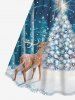 Robe cintrée grande taille à imprimé 3D sapin de Noël, élan et flocons de neige pailletés - Bleu 6X