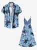 Robe à bretelles croisée trapèze imprimée de cocotiers et de vagues, grande taille, style hawaïen - Bleu Ciel XXS