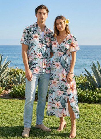 Tropical Flowers Leaf Print Plus Size Matching Hawaii Beach Outfit For Couples - LIGHT BLUE