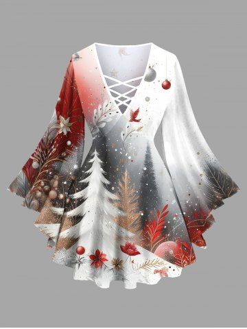 Plus Size Christmas Tree Ball Flowers Ombre Colorblock Print Lattice Crisscross Flare Sleeve T-shirt - WHITE - 1X