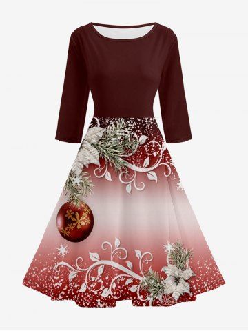 Christmas Ball Snowflake Flower Branch Printed Ombre Midi 50's Vintage A Line Dress - RED WINE - 3XL