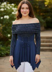 Plus Size Sparkling Sequins Grommets Lace Up Ruffles Asymmetrical Off The Shoulder Ruched Long Sleeves Top -  