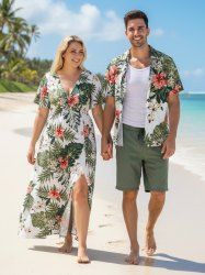 Hibiscus Flower Tropical Leaf Print Plus Size Matching Hawaii Beach Outfit For Couples -  