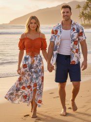 Hibiscus Flowers Tropical Leaf Print Plus Size Matching Hawaii Beach Outfit For Couples -  