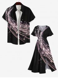 Ensemble assorti grande taille pour couples, imprimé 3D paillettes et étoiles lumineuses de Noël - Noir 