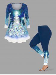 Ensemble assorti grande taille à motif pailleté sapin de Noël, étoiles et galaxie - Bleu 