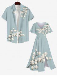 Ensemble de plage hawaïen assorti grande taille à imprimé floral pour couples - Bleu clair 