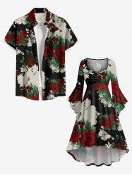 Ensemble assorti grande taille à imprimé floral et feuilles pour couples - Noir 