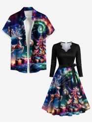 Colorful Christmas Tree Elk Gift Ball Galaxy Print Plus Size Matching Outfit For Couples -  
