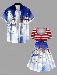 Christmas Tree Snowman Snowflake Stripes Print Plus Size Matching Outfit For Couples -  