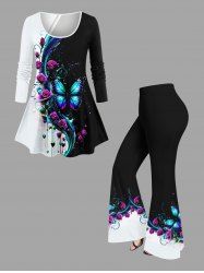 Rose Flower Butterfly Heart Colorblock Print Plus Size Hawaii Matching Set -  