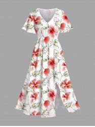 Robe mi-longue hawaïenne fendue à imprimé feuilles et fleurs d'hibiscus grande taille - Blanc XS