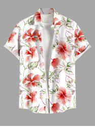 Plus Size Hibiscus Flowers Leaf Print Buttons Pocket Hawaii Shirt For Men -  