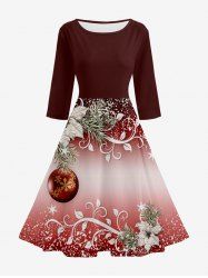 Robe midi vintage années 50 à imprimé ombré de boules de Noël, flocons de neige, fleurs et branches - Rouge Vineux XL