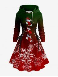 Plus Size Christmas Snowflake Stocking Ombre Print Lace Up A Line Hooded Dress - Rouge Vineux 4X