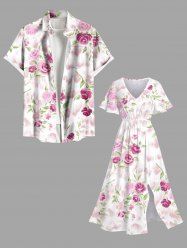 Ensemble de plage hawaïen assorti grande taille à imprimé rose et feuilles pour couples - Blanc 