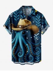 Plus Size Octopus Hat Leaf Branch Print Hawaii Button Pocket Shirt For Men -  