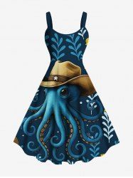 Robe trapèze hawaïenne à imprimé feuilles et branches, chapeau pieuvre grande taille - Bleu profond M