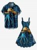 Robe trapèze hawaïenne à imprimé feuilles et branches, chapeau pieuvre grande taille - Bleu profond M
