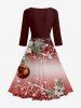 Robe midi vintage années 50 à imprimé ombré de boules de Noël, flocons de neige, fleurs et branches - Rouge Vineux XL