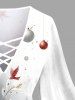 Plus Size Christmas Tree Ball Flowers Ombre Colorblock Print Lattice Crisscross Flare Sleeve T-shirt -  